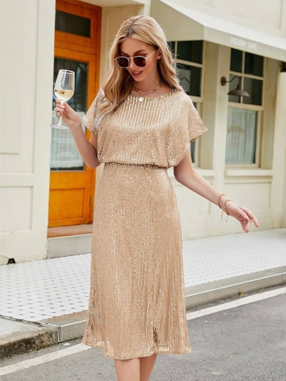 JASAMBAC NWT Gold Sequin Midi Cocktail Party Dress Size XL